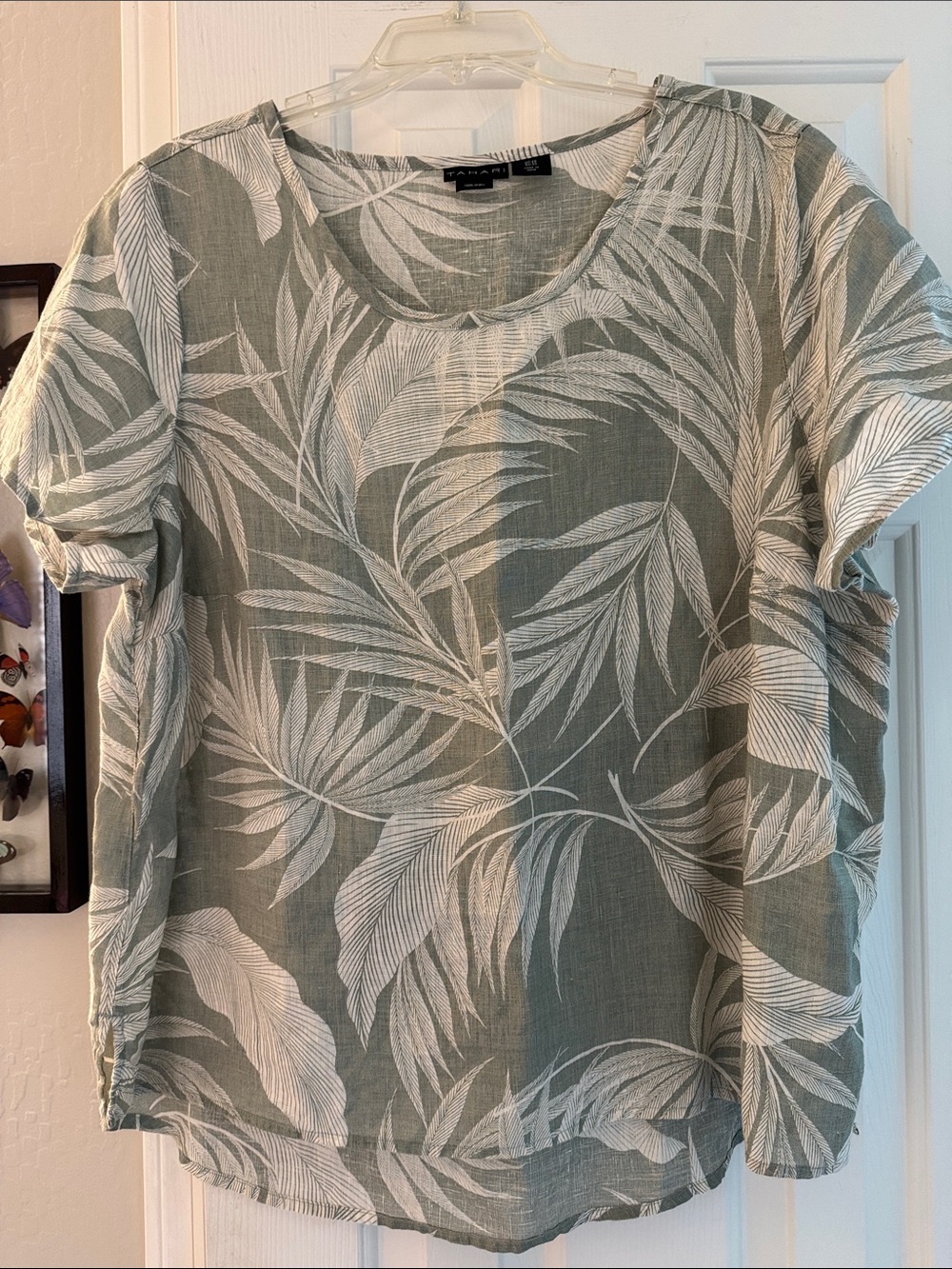 Tahari Sage Green Palm-Print Short-Sleeve Linen Top